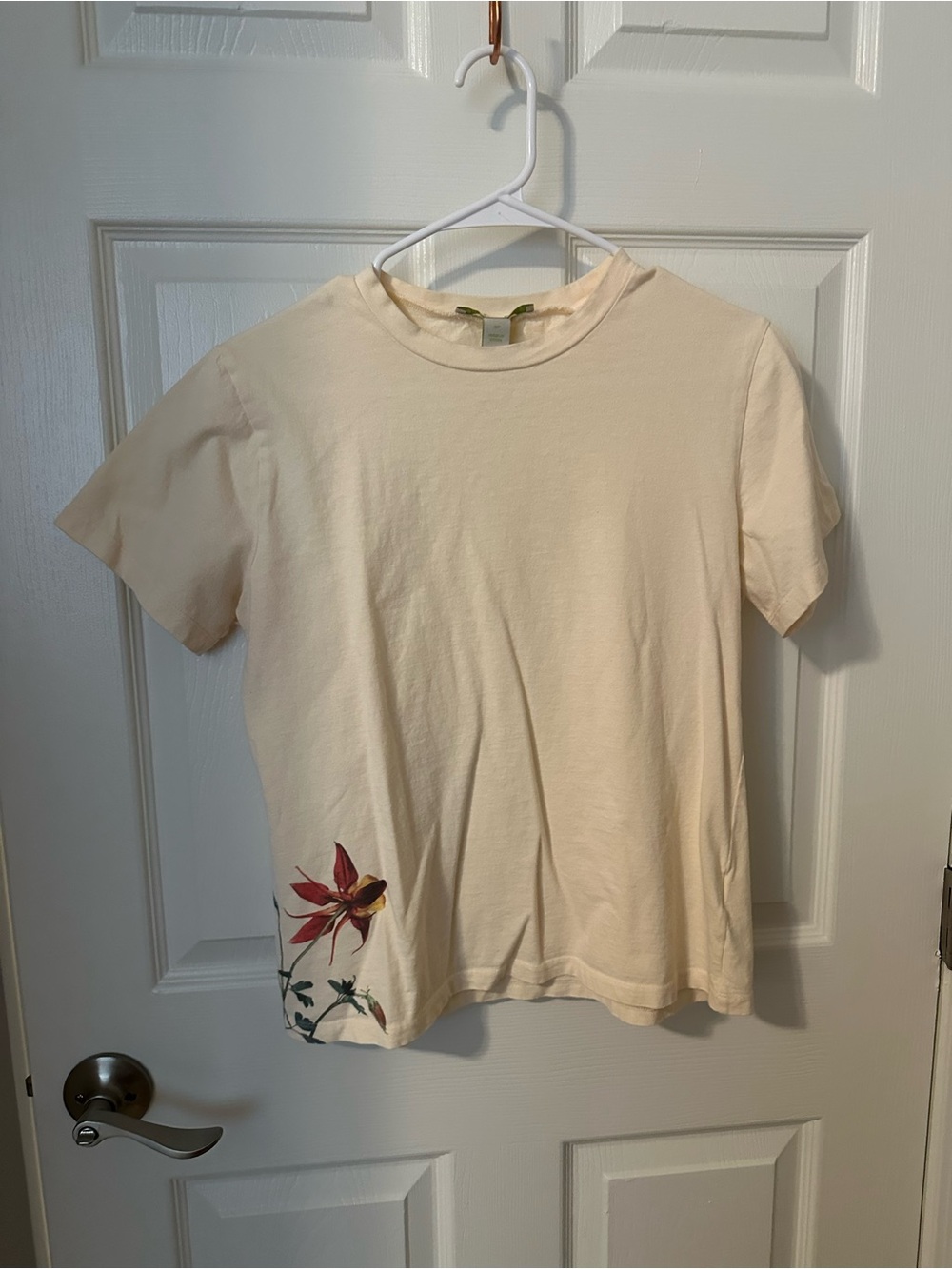 Anthropologie Cream Tee with Pink Floral Accent